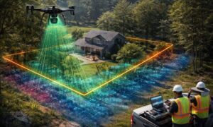 Lidar mapping data being collected by a drone during an aerial land survey with surveyors reviewing point cloud information