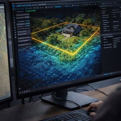Survey data review point cloud analysis - ALTA SURVEY Florida Lidar mapping data being reviewed on a computer screen showing point cloud analysis and land survey documentation