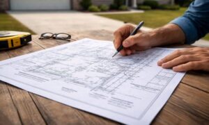 Homeowner reviewing a plat of survey on a table while planning a driveway layout near a residential property