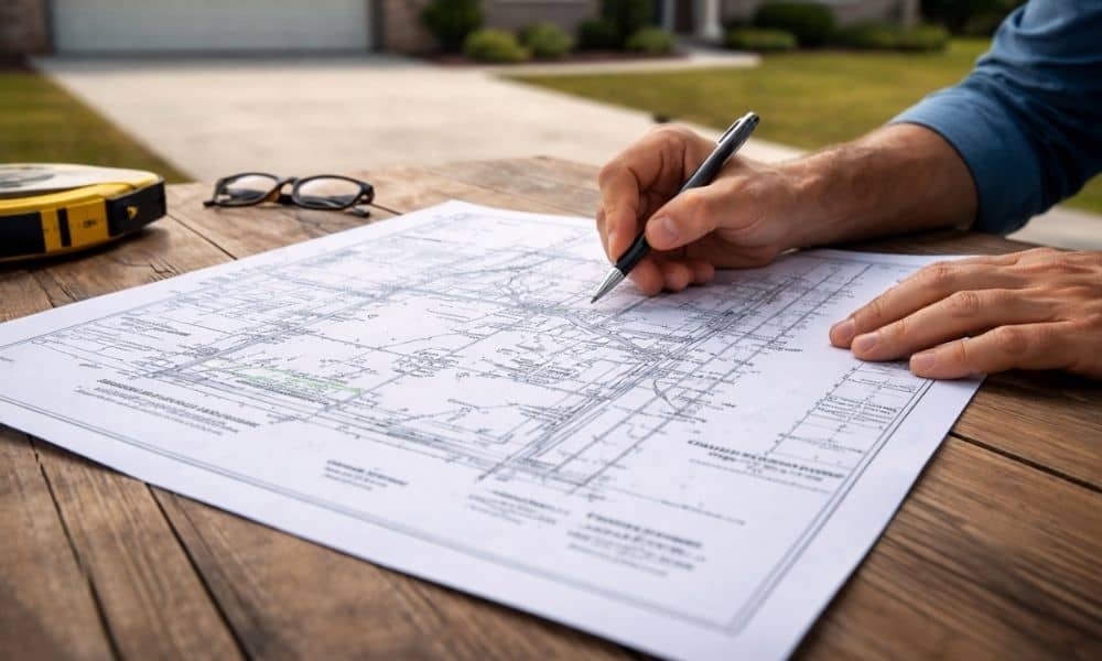 Homeowner reviewing a plat of survey on a table while planning a driveway layout near a residential property