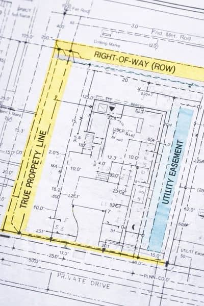 Detailed plat of survey showing property lines, right of way, and utility easement for driveway planning