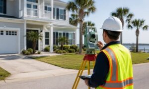 Land surveyor using professional equipment to measure a residential coastal property