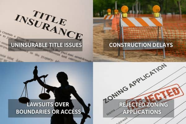 risks of skipping alta survey - ALTA SURVEY Florida Visual representation of risks from skipping an ALTA survey: title issues, construction delays, boundary disputes, and zoning rejections