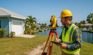 property line survey - Land surveyor in a safety vest using a total station to measure property lines near a waterfront home in Fort Myers, Florida.