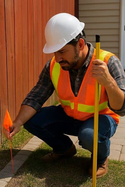 Land surveyor marking property boundary survey near a fence to prevent renovation mistakes in Fort Myers
