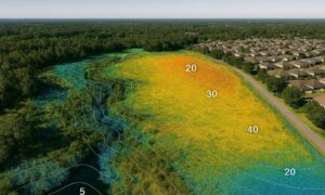 Aerial view of a Jacksonville neighborhood with topographic survey contour lines and elevation mapping using drone and LiDAR technology