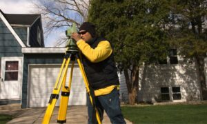 Licensed land surveyor using a total station for a boundary line survey in front of a residential home driveway