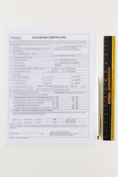 Sample elevation certificate document - ALTA SURVEY Florida Sample FEMA-style Elevation Certificate in portrait format with blurred fields showing flood zone and elevation data