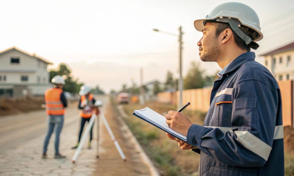 Residential property surveyors checking elevation - ALTA SURVEY Florida Surveyors measure a home’s elevation to help update the flood elevation certificate used for insurance