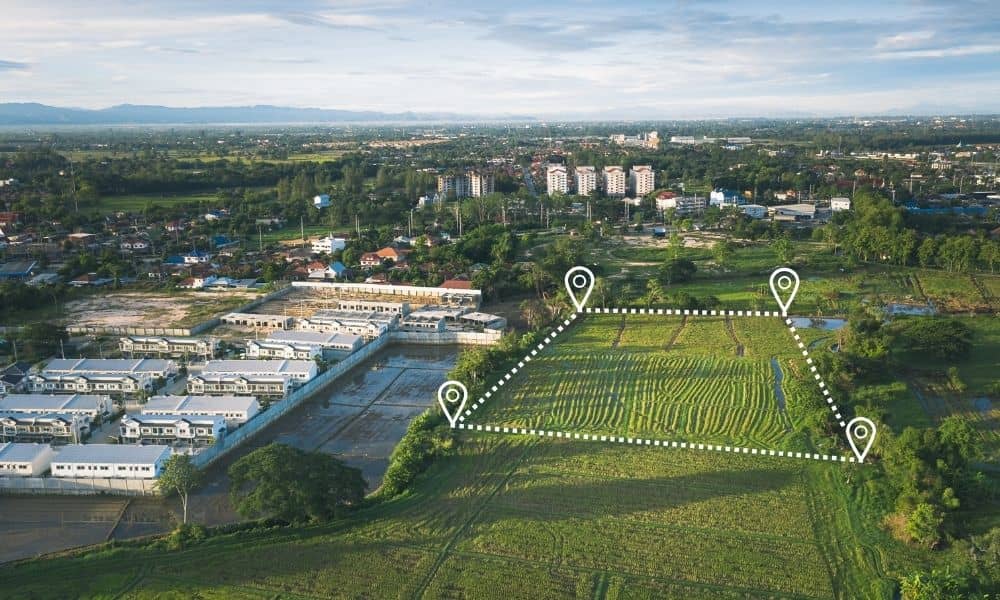 Aerial view showing property boundary lines to help homeowners find property lines