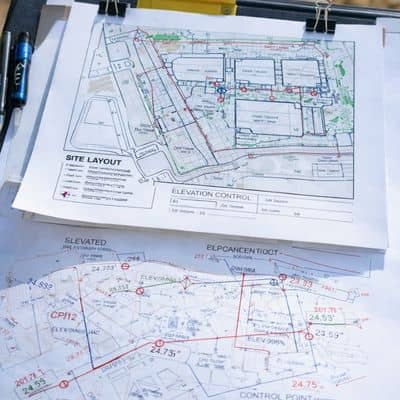 Construction survey documentation showing site layout and elevation control used to guide excavation work