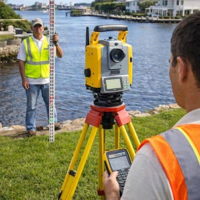 Coastal elevation measurement - ALTA SURVEY Florida Surveyors measuring ground elevation near a coastal home to support accurate land surveying and flood risk assessment