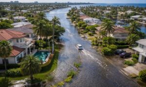 Coastal neighborhood flooding aerial - ALTA SURVEY Florida Aerial view of coastal homes experiencing street flooding, highlighting the importance of accurate land surveying for flood risk assessment