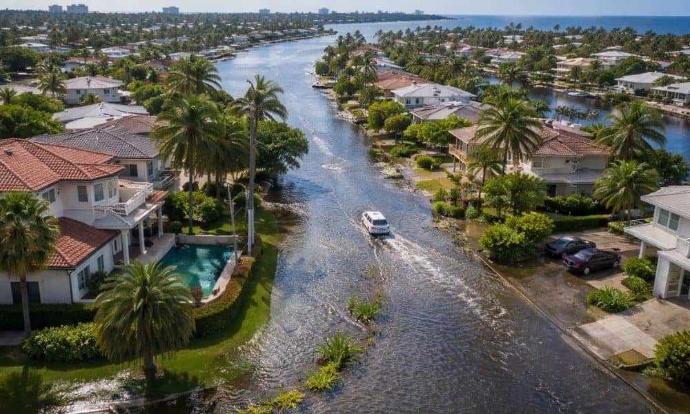 Coastal neighborhood flooding aerial - ALTA SURVEY Florida Aerial view of coastal homes experiencing street flooding, highlighting the importance of accurate land surveying for flood risk assessment