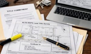 Commercial closing survey documents desk - ALTA SURVEY Florida Commercial closing documents with a detailed alta survey and title commitment reviewed on an office desk