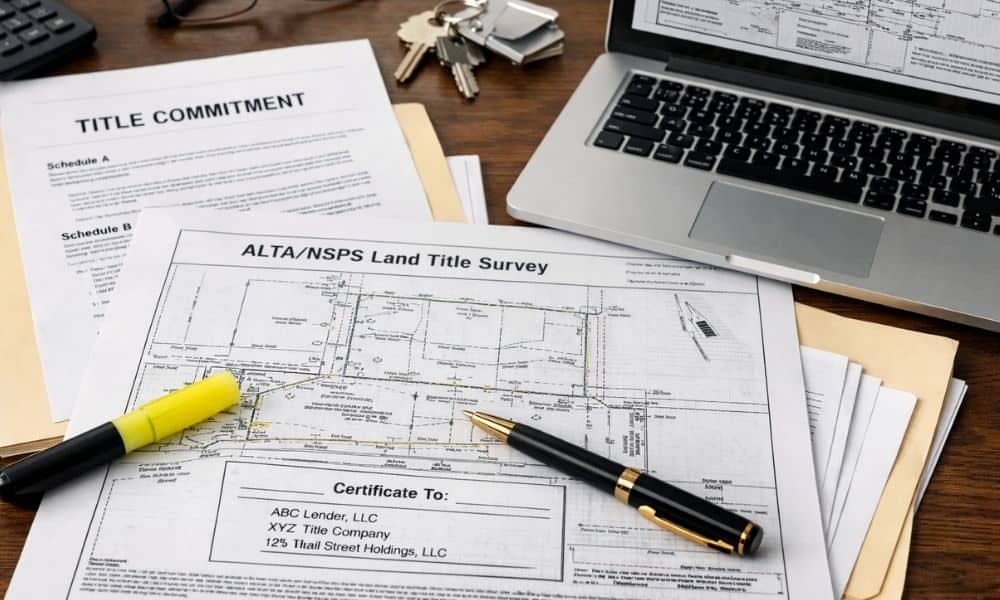 Commercial closing documents with a detailed alta survey and title commitment reviewed on an office desk