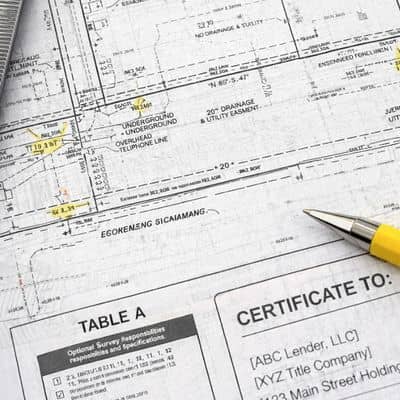 Close-up portrait view of a detailed alta survey plat showing boundary lines, easements, and certification block for commercial closing review