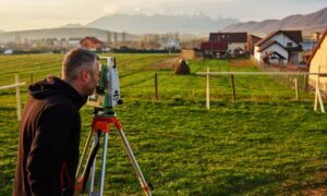 Property boundary measurement field work - ALTA SURVEY Florida Surveyor measuring property lines during a lot survey before permit and design work