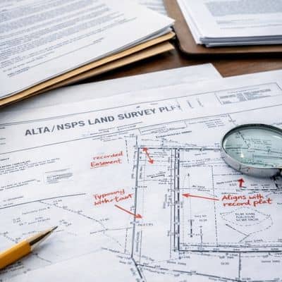 ALTA land survey standards reviewed on a survey plat with title documents and annotated boundary details