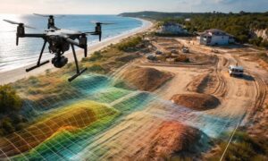 Coastal construction drone mapping site - ALTA SURVEY Florida Drone capturing elevation data over a coastal construction site to support drone land surveying and detailed site planning