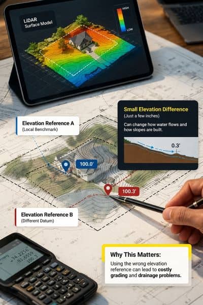 Topographic map showing elevation differences between reference points with lidar mapping used to explain how small height changes affect drainage and grading