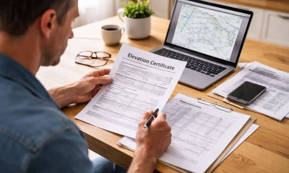 Homeowner reviewing an elevation certificate and property documents at a table before ordering a new survey