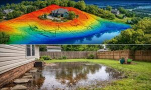 Comparison of a clean lidar mapping model and a residential property with visible water pooling and drainage issues