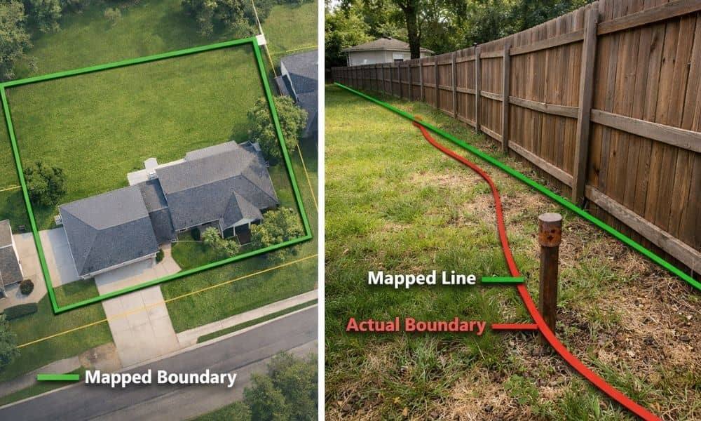 Comparison of an online parcel map and a real property boundary showing differences that a cadastral surveyor would verify