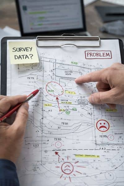Permit review site plan redlines - ALTA SURVEY Florida Marked-up site plan showing missing topographic survey data during permit review