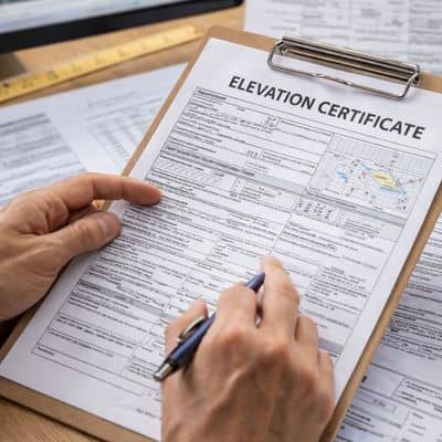 Close-up of a person reviewing an elevation certificate and checking measurement details on property documents