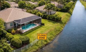 Suburban home near drainage canal aerial view - ALTA SURVEY Florida Aerial view of a residential property near a drainage canal showing how a home survey helps homeowners understand flood zones before renovating