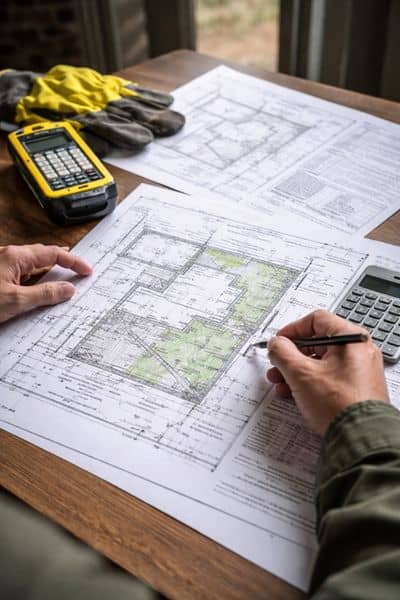 Surveyor reviewing detailed boundary plans, part of the work that influences property survey cost