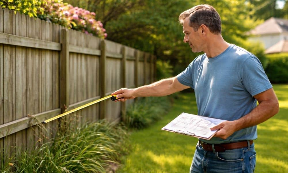 Homeowner in a backyard measuring and planning a fence line without clear boundary markers, showing the need for a boundary survey