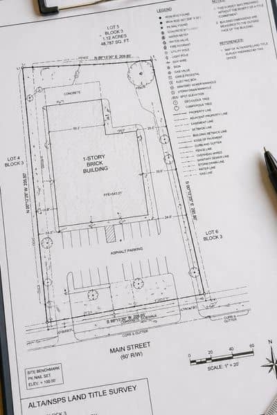 Site plan drawing showing property lines, building layout, and parking areas on a commercial property