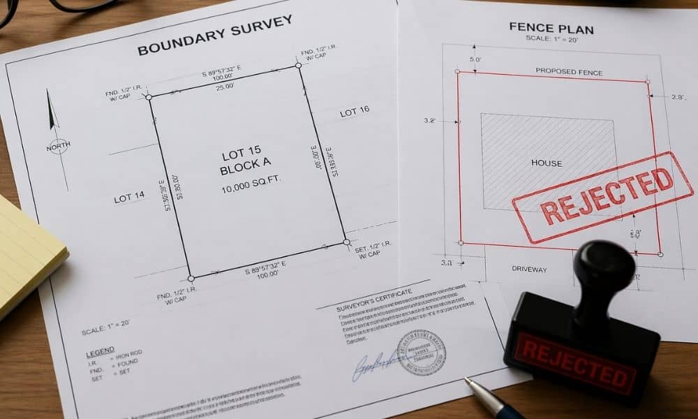 Property surveys showing mismatched fence layout with a rejected permit notice on documents