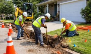 Utility workers digging near a residential driveway while a land survey company checks property lines and easement boundaries