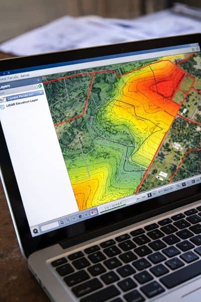 Lidar mapping displayed on a GIS interface showing elevation contours and property boundaries for site analysis
