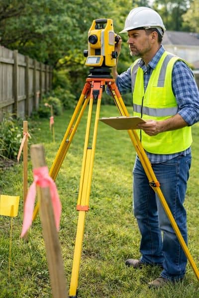Land surveyor using equipment to mark property corners in a residential yard, showing how a boundary survey defines exact property lines