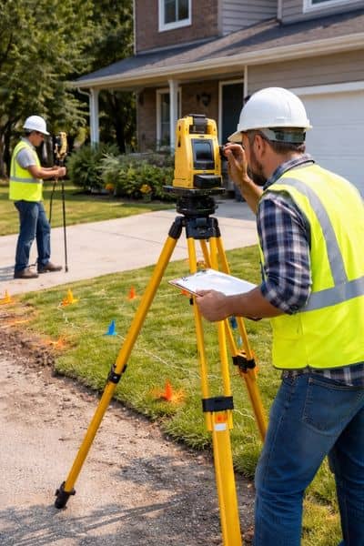 Land surveyor using equipment near a residential driveway while a land survey company verifies property lines and easement boundaries