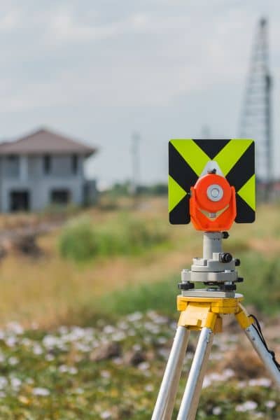 Residential property survey on site measurement - ALTA SURVEY Florida Land survey company measuring residential property on site using survey equipment to confirm accurate boundaries