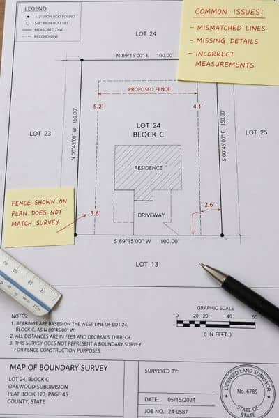 Close-up of property surveys showing boundary lines and measurements that do not match a planned fence layout