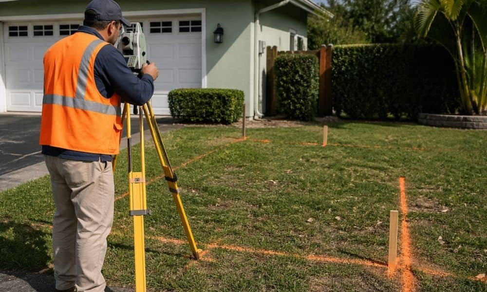 A local surveyor marking driveway layout with stakes and equipment in a residential yard before concrete work