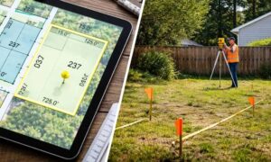 Tax map vs real property survey comparison - ALTA SURVEY Florida Comparison of a tax map and a real on-site property survey by a land survey company showing differences in boundary lines