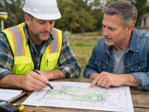 Property owner reviewing a survey map with a surveyor while comparing surveying companies for a land survey project
