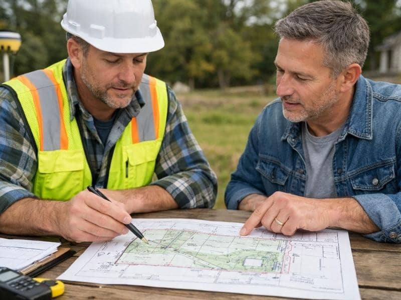 Property owner reviewing a survey map with a surveyor while comparing surveying companies for a land survey project