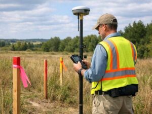 Licensed land surveyor using GPS equipment to locate property boundaries