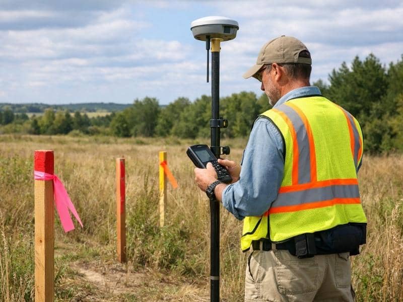 Licensed land surveyor using GPS equipment to locate property boundaries