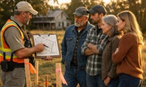 Licensed surveyor reviewing a metes and bounds survey with family members before transferring inherited land