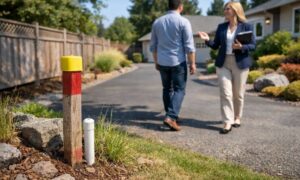 Property line markers visible beside a driveway at a home for sale