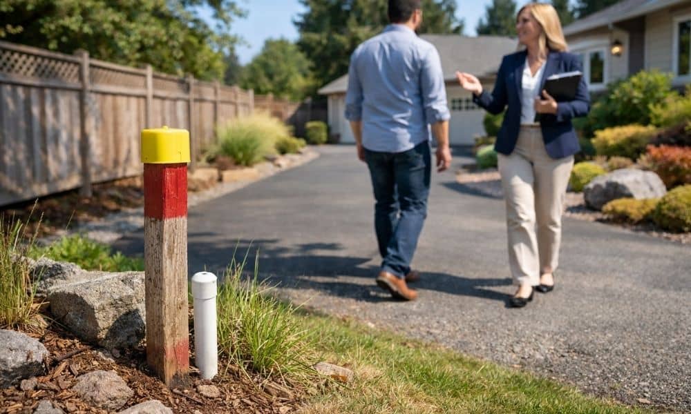 Property line markers visible beside a driveway at a home for sale